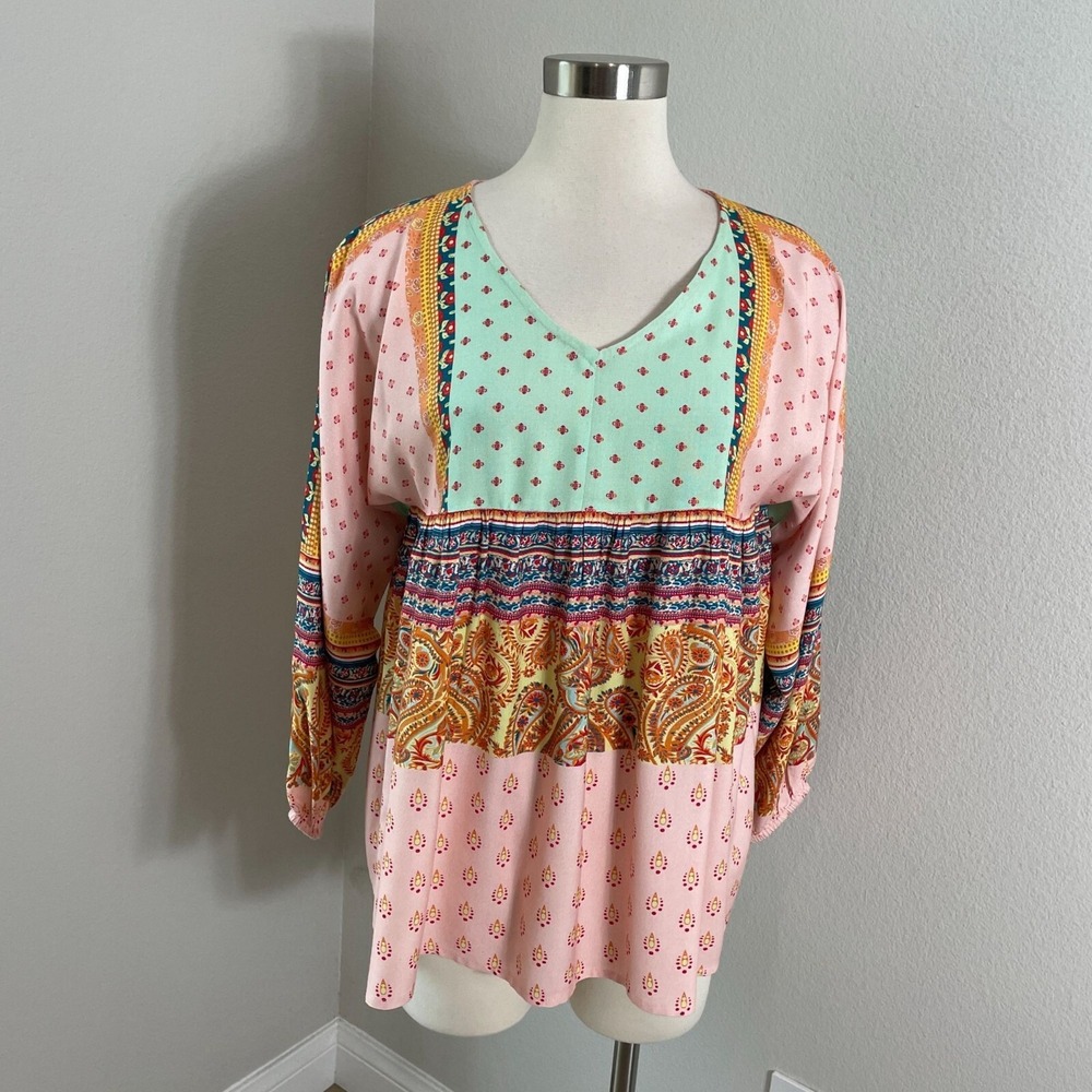Sundance Womens XS Boho Patchwork Tunic Top 3/4 Sleeve Blouse Shirt